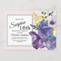 Purple Watercolor Floral on Pink 16th Birthday