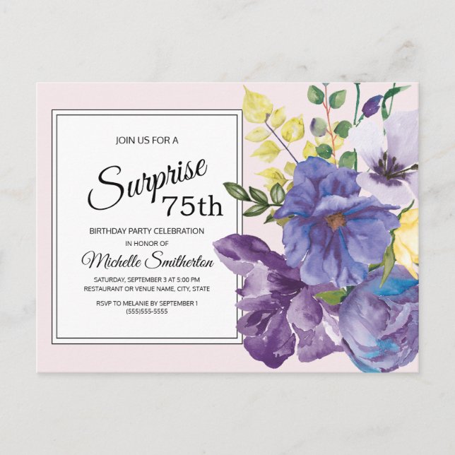 Purple Watercolor Floral on Pink 75th Birthday Postcard (Front)