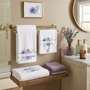 Purple watercolor floral personalized bath towel set