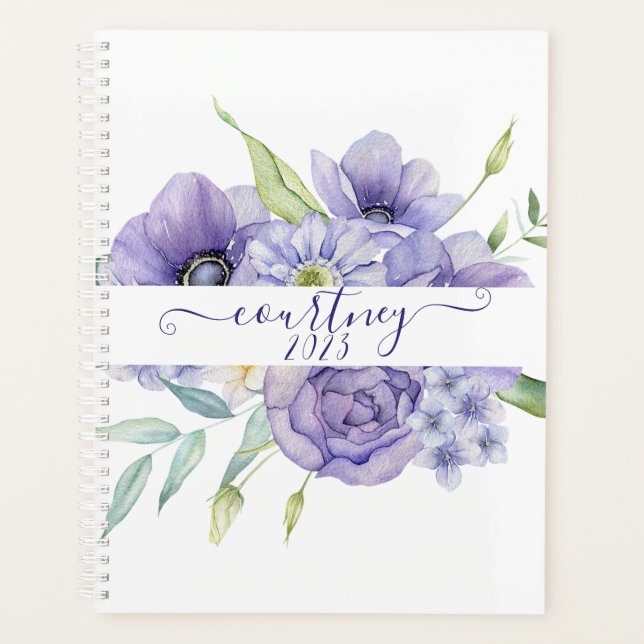 Purple watercolor floral personalized, custom year planner (Front)