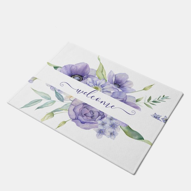 Purple watercolor floral personalized  doormat (Angled)