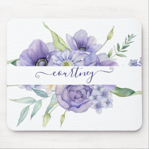 Purple watercolor floral personalized mouse pad