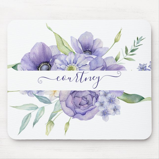 Purple watercolor floral personalized   mouse pad (Front)