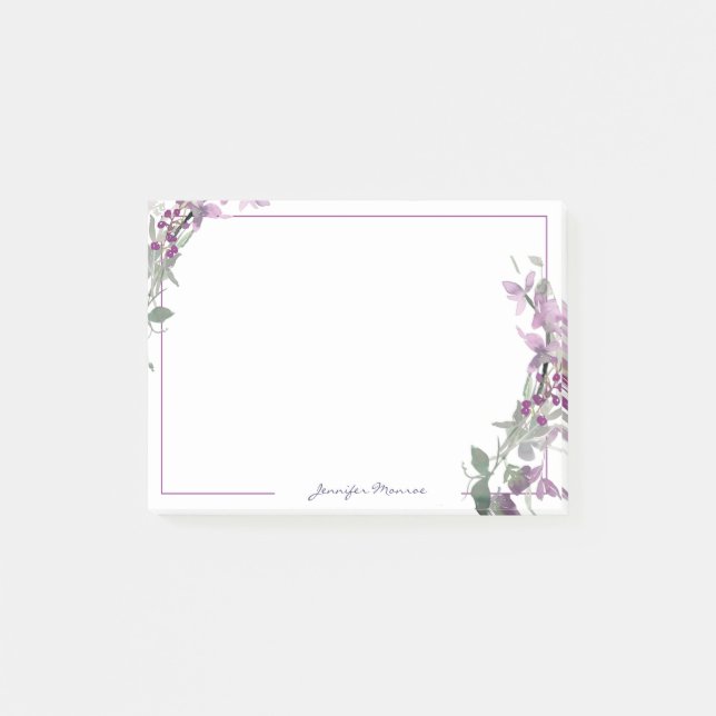 Purple watercolor floral personalized post-it notes (Front)