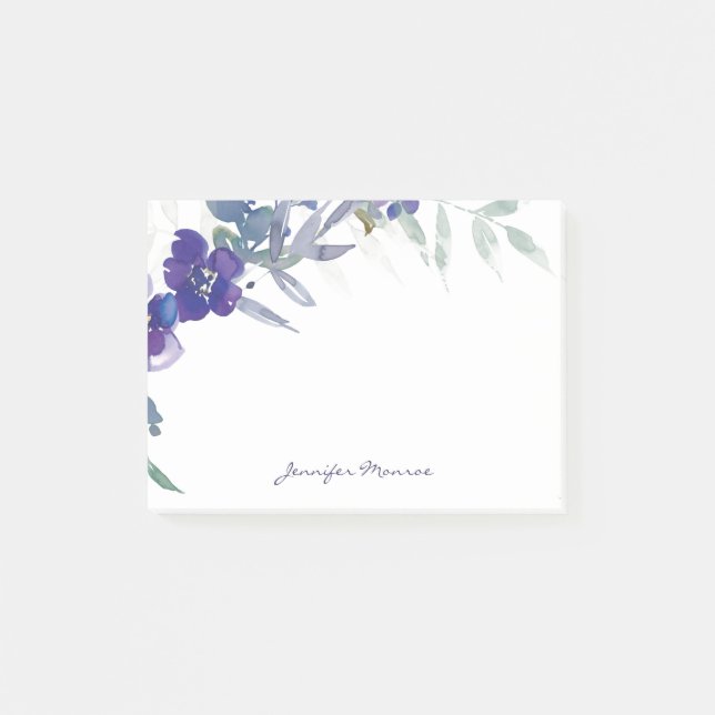 Purple watercolor floral personalized post-it notes (Front)