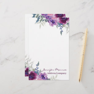 Purple watercolor floral personalized stationery