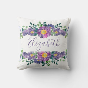 Purple watercolor floral personalized throw pillow