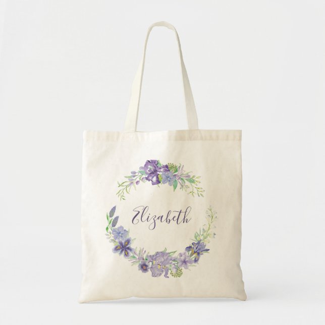 Purple watercolor floral personalized tote bag (Front)