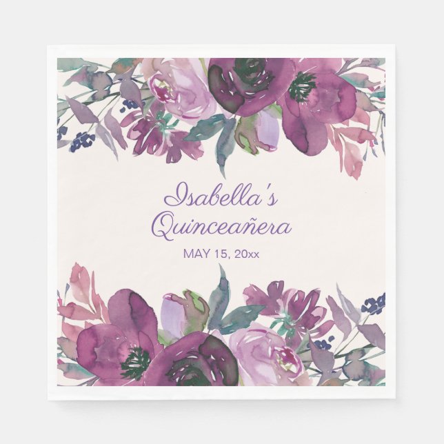 Purple Watercolor Floral Quinceañera Name Date Napkin (Front)