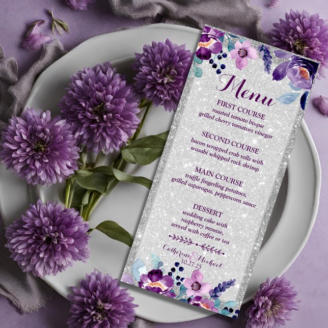 Purple Watercolor Floral & Silver Glitter Wedding Menu (Creator Uploaded)