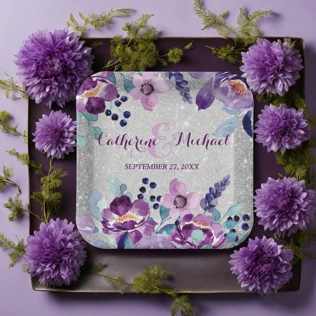 Purple Watercolor Floral & Silver Glitter Wedding Paper Plate (Creator Uploaded)