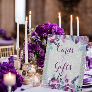 Purple Watercolor Floral & Silver Glitter Wedding Pedestal Sign