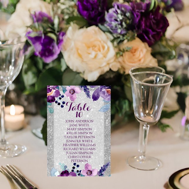 Purple Watercolor Floral & Silver Glitter Wedding Table Number (Creator Uploaded)
