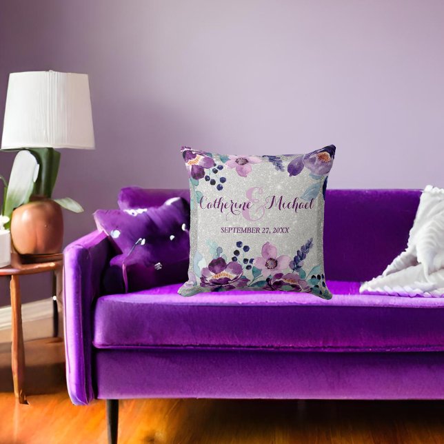 Purple Watercolor Floral & Silver Glitter Wedding Throw Pillow (Creator Uploaded)