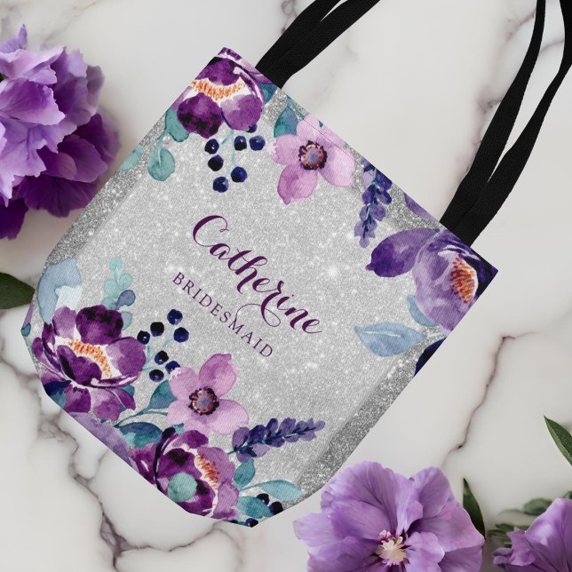 Purple Watercolor Floral & Silver Glitter Wedding Tote Bag (Creator Uploaded)