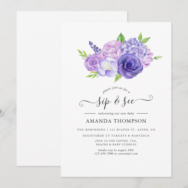 Purple Watercolor Floral Sip and See Invitation (Front/Back)