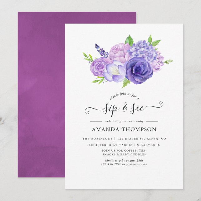 Purple Watercolor Floral Sip and See Invitation (Front/Back)