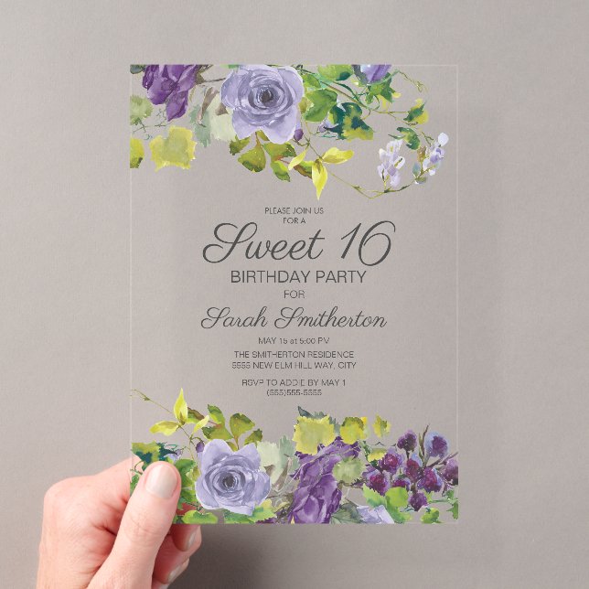 Purple Watercolor Floral Vines Sweet 16 Acrylic Invitations (Insitu (Handheld))