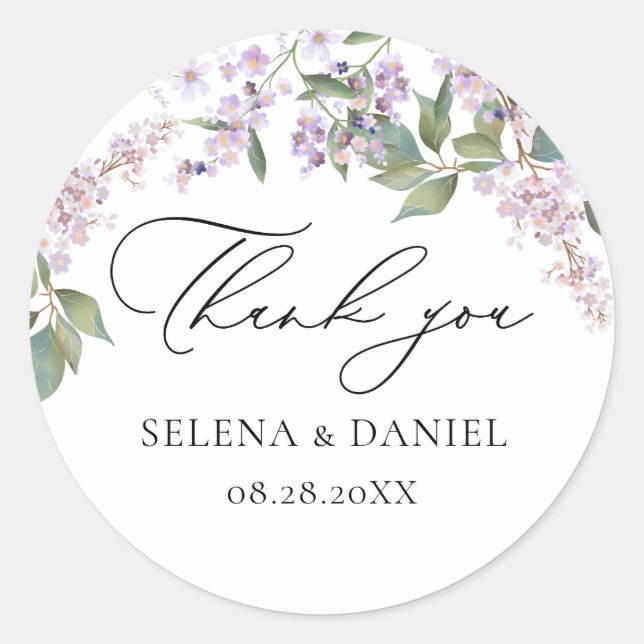 Purple Watercolor Floral Wedding Classic Round Sticker (Front)