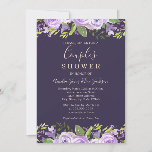 Purple Watercolor Floral Wedding Couples Shower Invitation (Front)