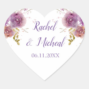 Purple Watercolor Floral Wedding Heart Sticker