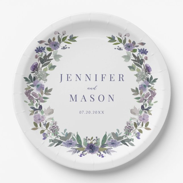 Purple watercolor floral wedding paper plates (Front)