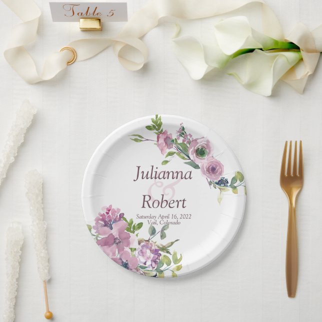Purple watercolor floral wedding  paper plates (Wedding)