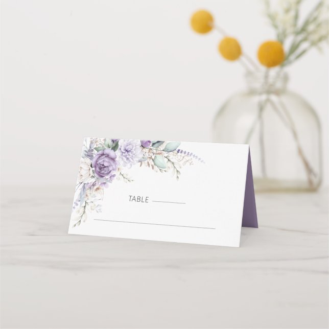 Purple Watercolor Floral Wedding Place Card (Front)