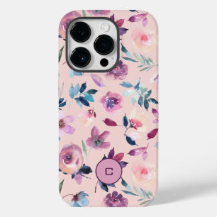 Purple Watercolor Floral with monogram Case-Mate iPhone 14 Pro Case