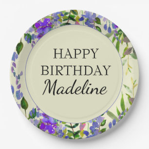 Purple Watercolor Floral Yellow Birthday Party Paper Plate