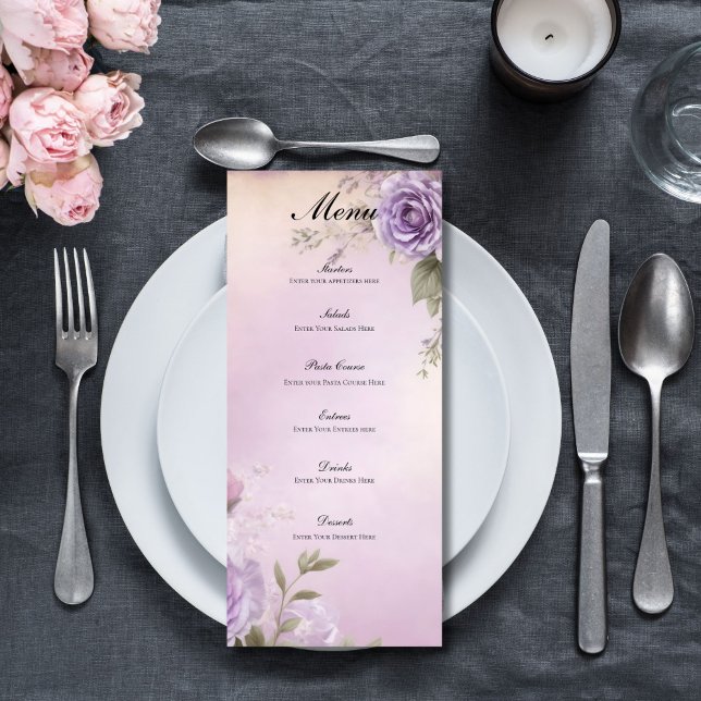 Purple Watercolor Florals Wedding Bridal Shower Menu (Purple Floral Watercolor Elegant Wedding Bridal Shower Party Menu)