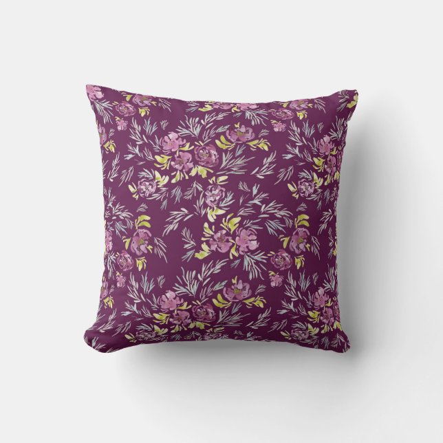Purple watercolor flower pattern  throw pillow (Front)