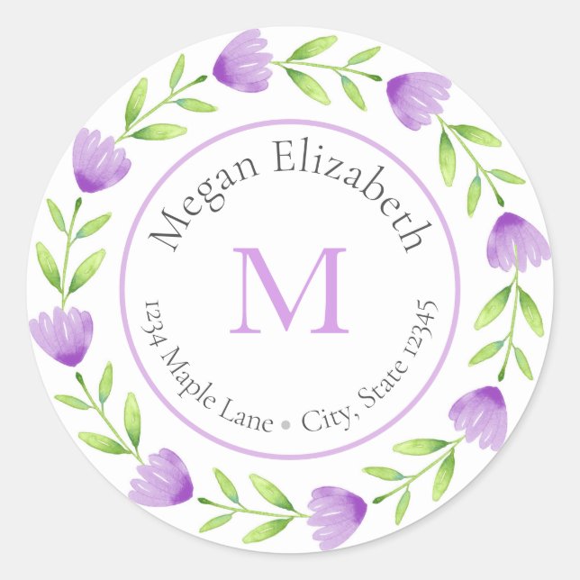 Purple Watercolor Flower Stem Wreath labels (Front)