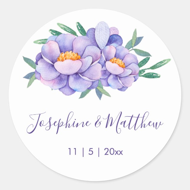 Purple Watercolor Flower Wedding Classic Round Sticker (Front)