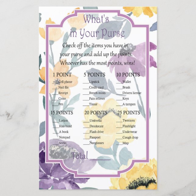 Purple watercolor flower What's in your purse game (Front)