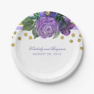 Purple Watercolor Flowers and Gold Confetti Modern Paper Plate