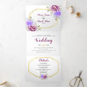 Purple watercolor flowers and gold frame wedding   Tri-Fold invitation