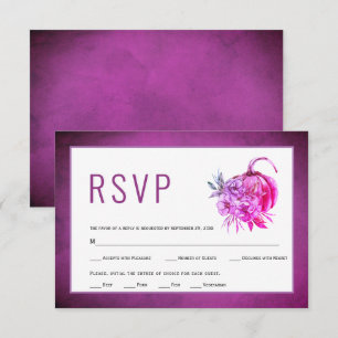 Purple watercolor flowers and pumpkin fall wedding RSVP card