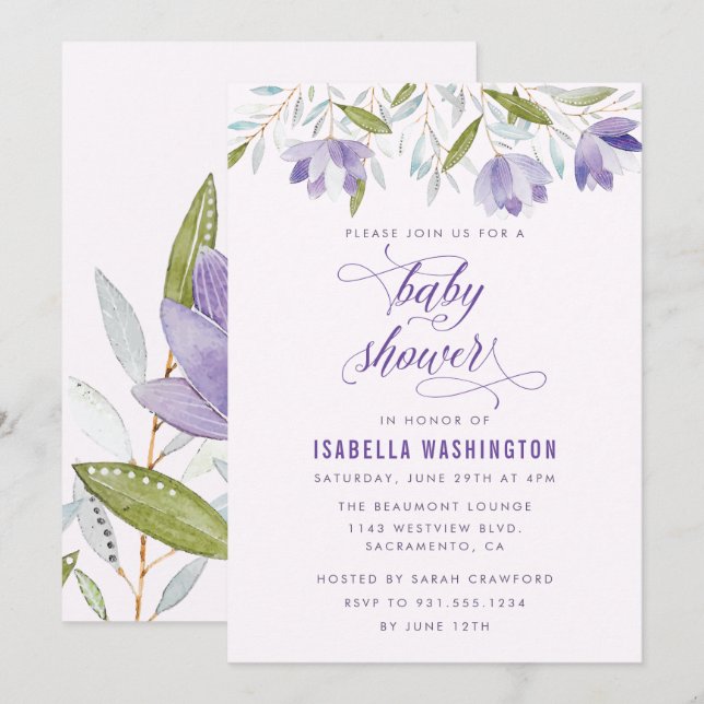 Purple Watercolor Flowers Baby Shower Invitation (Front/Back)