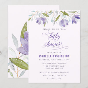 Purple Watercolor Flowers Baby Shower Invitation