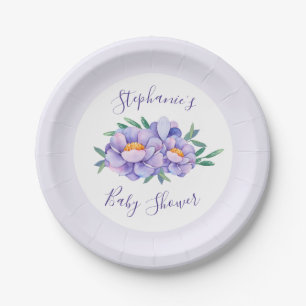 Purple Watercolor Flowers Baby Shower Personalized Paper Plate
