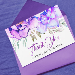 Purple watercolor flowers blue accents wedding thank you card