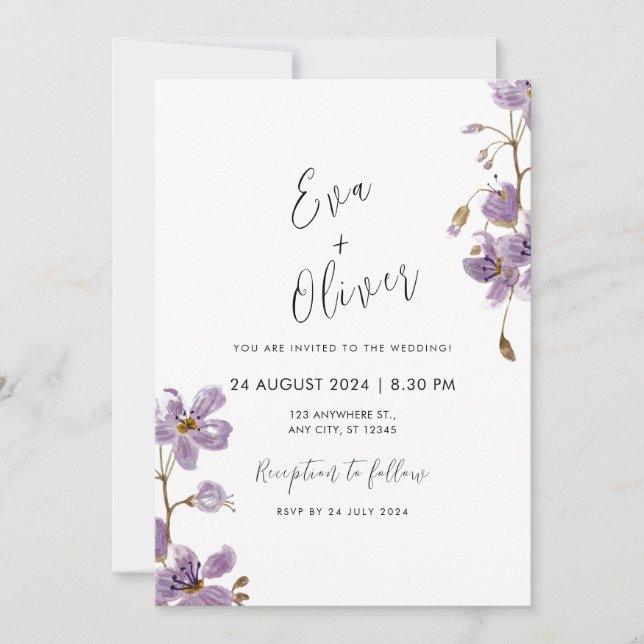 Purple Watercolor Flowers Calligraphy Boho Wedding Invitation (Front)