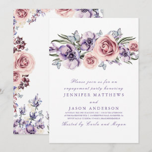Purple Watercolor Flowers Engagement Party Card