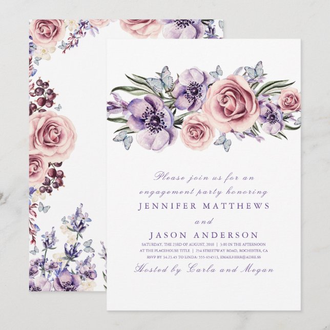 Purple Watercolor Flowers Engagement Party Card (Front/Back)