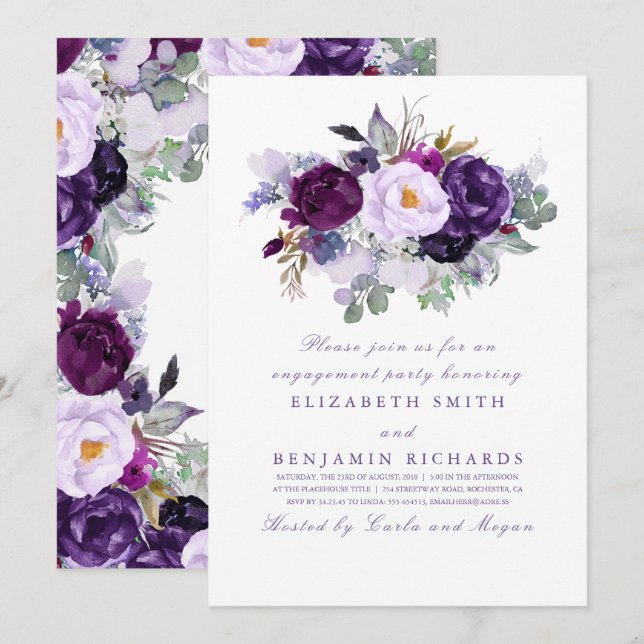 Purple Watercolor Flowers Engagement Party Invitation (Front/Back)
