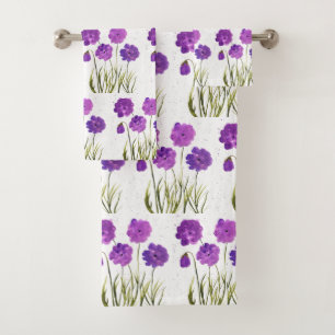 Purple Watercolor Flowers Floral Decor Feminine Bath Towel Set