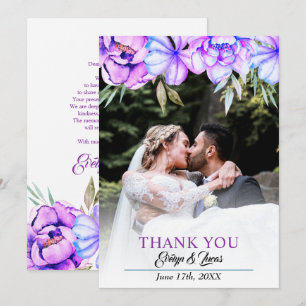 Purple watercolor flowers floral fall wedding thank you card