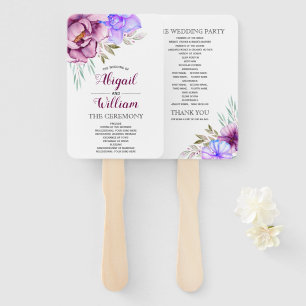 Purple watercolor flowers floral wedding program hand fan