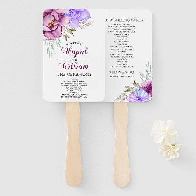 Purple watercolor flowers floral wedding program hand fan (Front and Back)